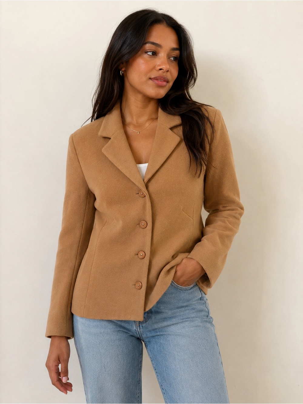 Vintage Folio Petites Camel Wool Cashmere Blazer Jacket Size 12 Made in Canada